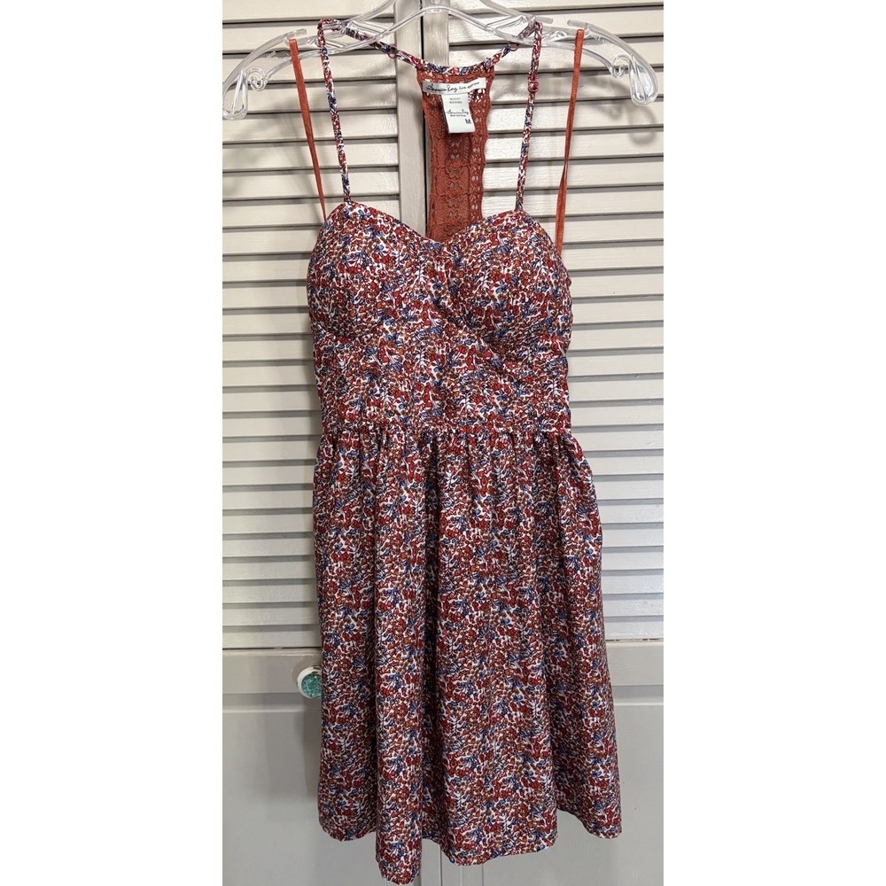 American Rag Floral Adj Straps Mini Sundress Size M Halter Crochet Molded Cups